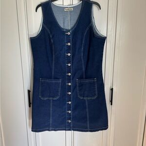 Luvamia Dark Blue Denim Button-Front Pinafore Dress
